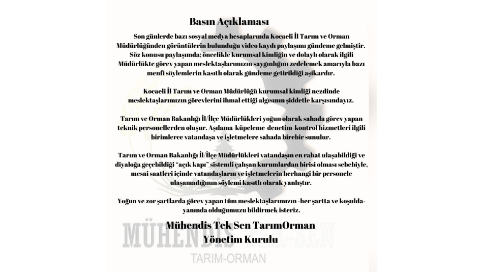 Kocaeli İl Tarım ve Orman Müdürlüğümüzde çekilen video hakkındaki basın açıklamamızdır.